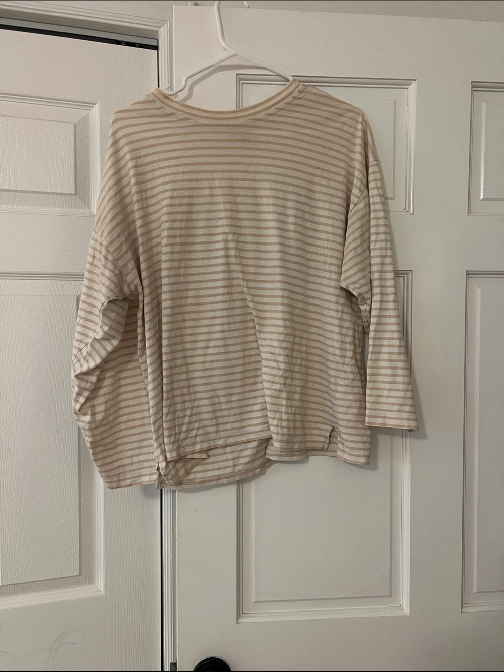 AYR Beige and White Striped Long-Sleeve Crewneck